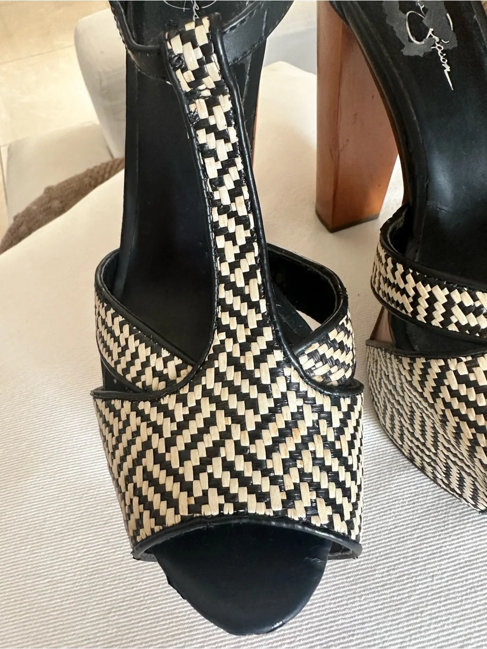 Jessica Simpson Dany Black and Cream Woven Platform Sandals with Wood Block Heel - Picture 3 of 11